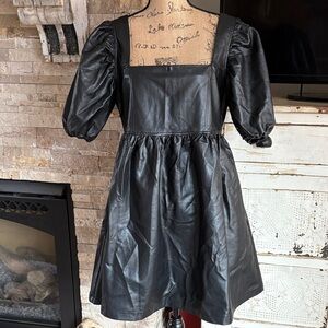 Altar’d State black pleather square neckline babydoll puff sleeve mini dress